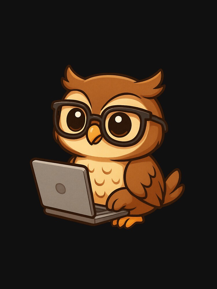 Wise Chibi Owl with Laptop – Cute Owl Studying Online Cartoon Art by ColorSplash123