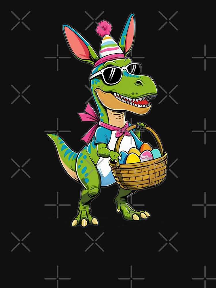 funny easter dinosaur with sunglasses and a basket of colored eggs ,Happy Easter,Easter Humor,Easter Day,funny easter design by Expressions-Sel