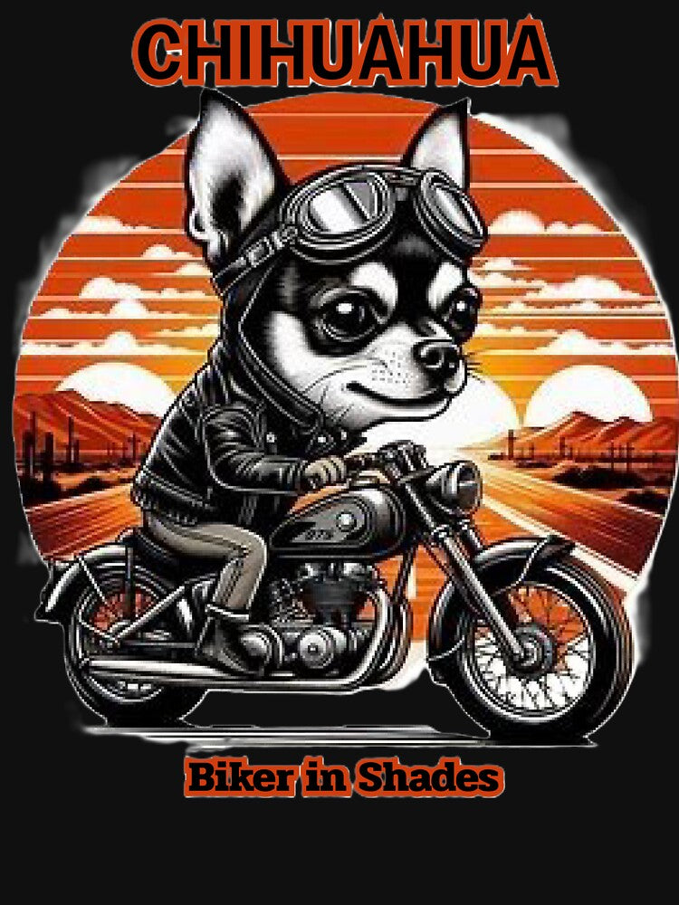 Chihuahua Biker in Shades  Vintage Motorcycle Sunset Illustration by Iuqiune