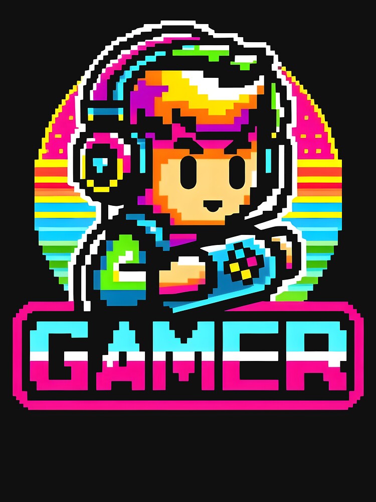 Retro Pixel Gamer Kid with Rainbow Headset and Controller. by The-T-In-Retro