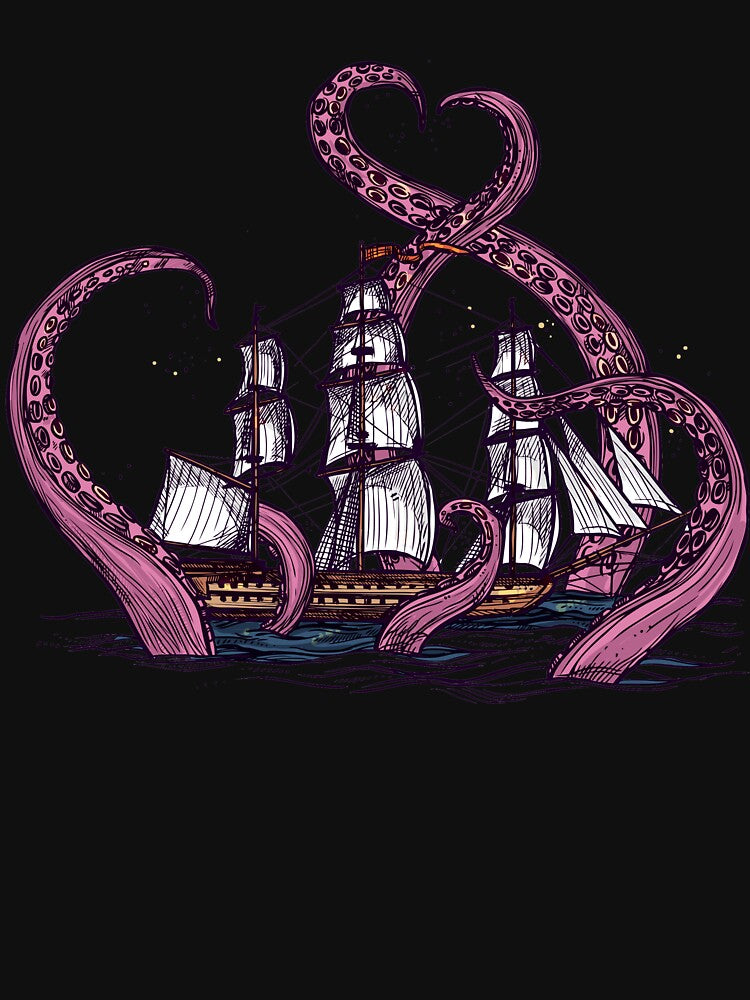 Vintage Octopus Sea Monster Kraken with Ship Tentacles of Cthulhu by XOZart