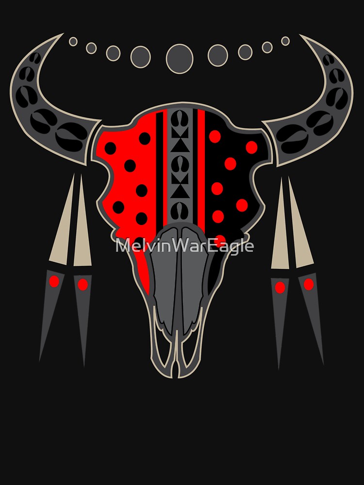 Buffalo Skull and Feathers (Red) by MelvinWarEagle
