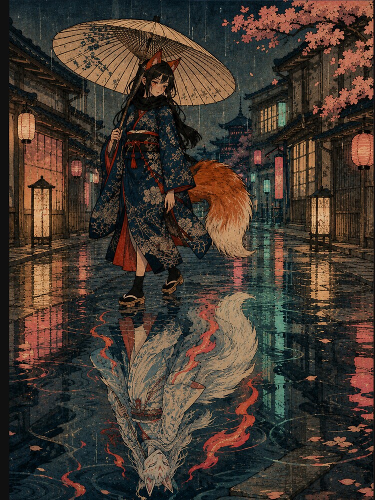 Urban Neon Fox - Vintage Japanese Kitsune Girl Ukiyo-e Woodblock by bapupa