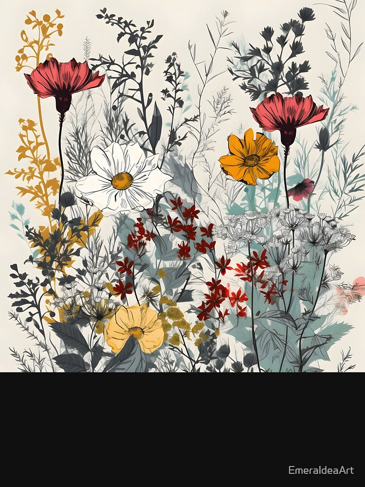 Wildflowers of Meadow Lineart – White Yellow Orange Red Cosmos and Carnations by EmeraldeaArt