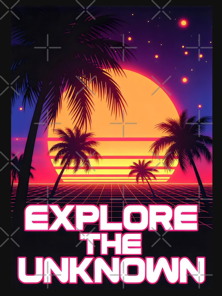 Explore the Unknown Retro Sunset Design with Grid, Palms and Cosmic Adventure Vibes by SplashTastic