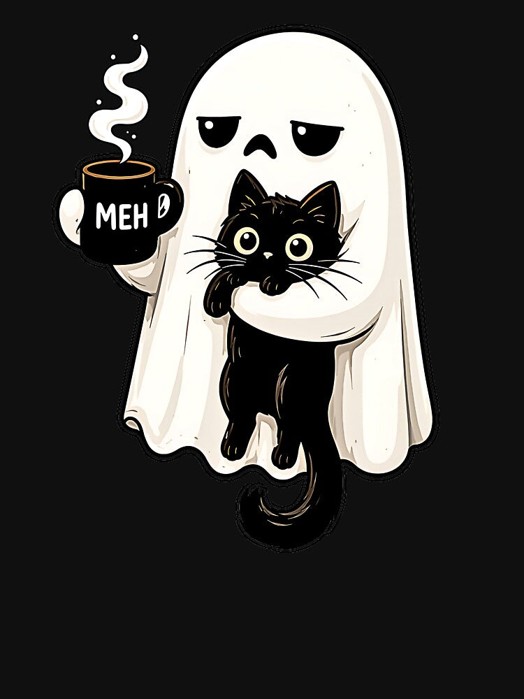 Cute Spooky Ghost Holding Black Cat and Meh Coffee Mug by Rahamkshop