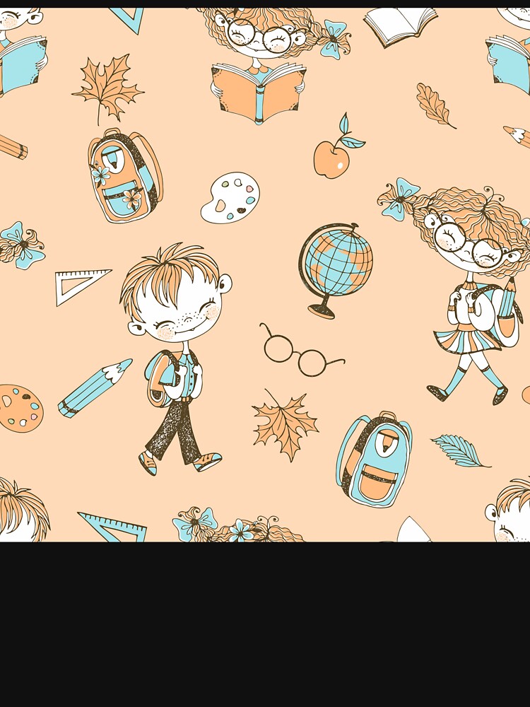 Cute Hand-Drawn School Kids & Supplies Pattern – Peach Back-to-School Kids Clothing Design by FestivityFinds