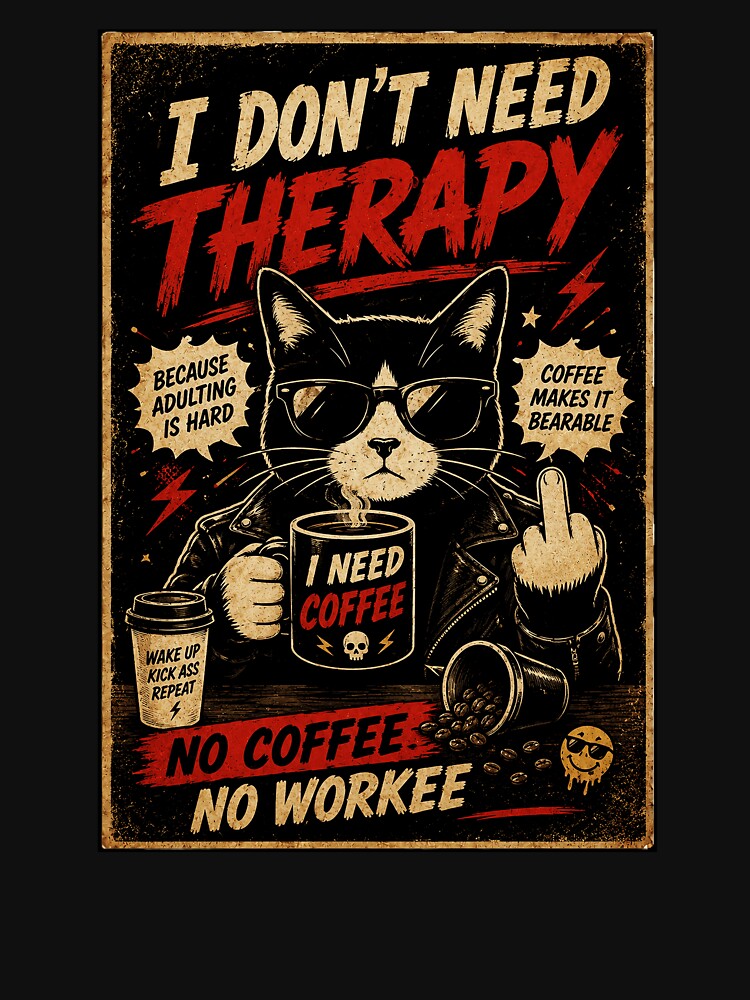 Grumpy Coffee Cat Vintage Humor Art For Surviving Adult Life by Modaozushi216