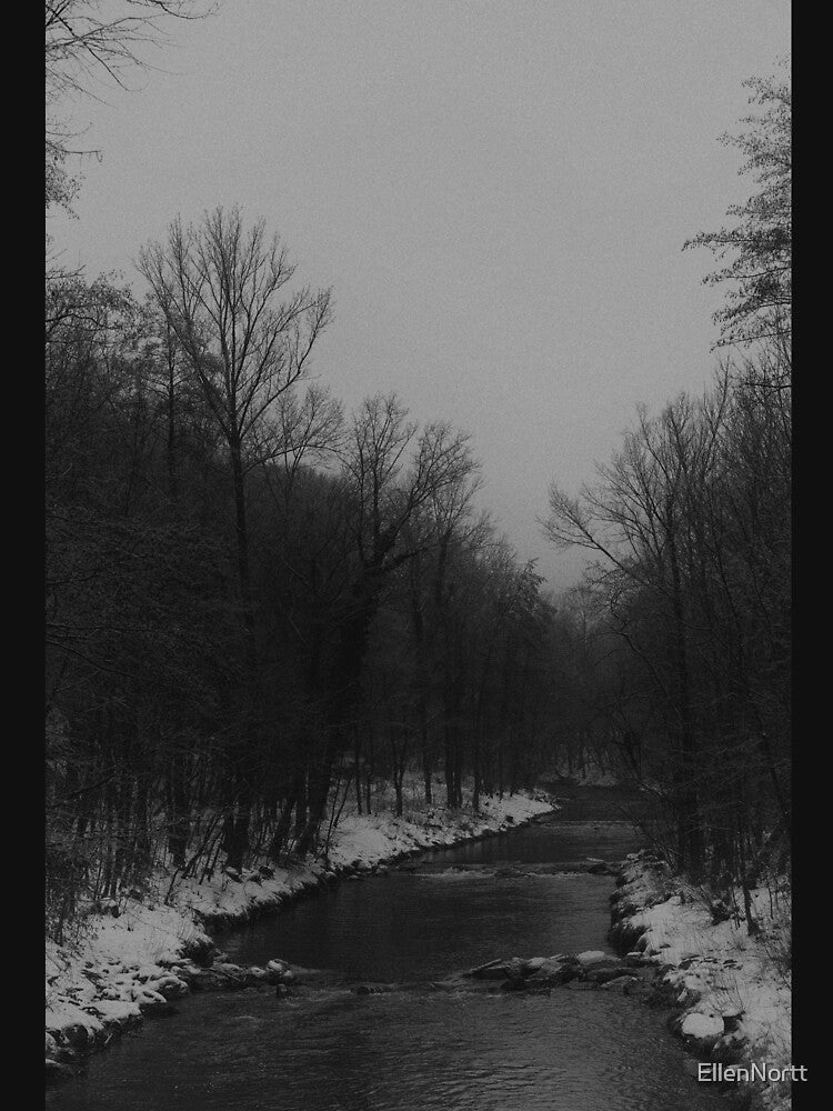 Moody Winter Forest River in Black and White by EllenNortt