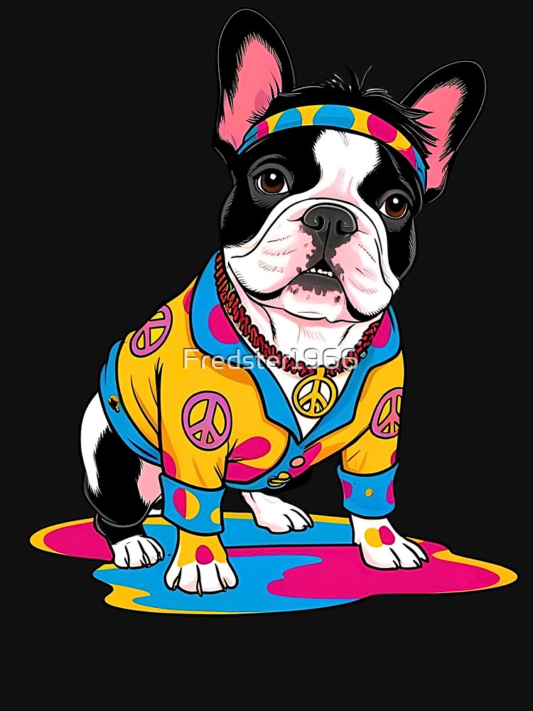 Groovy 1970s French Bulldog Cartoon – Love, Peace & Hippy Vibes by Fredster1966