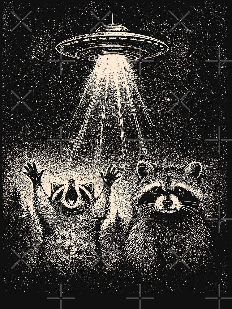Vintage Raccon UFO T-Shirt, Funny Screaming Racoon Meme Retro Style by CARBONARA LLC.