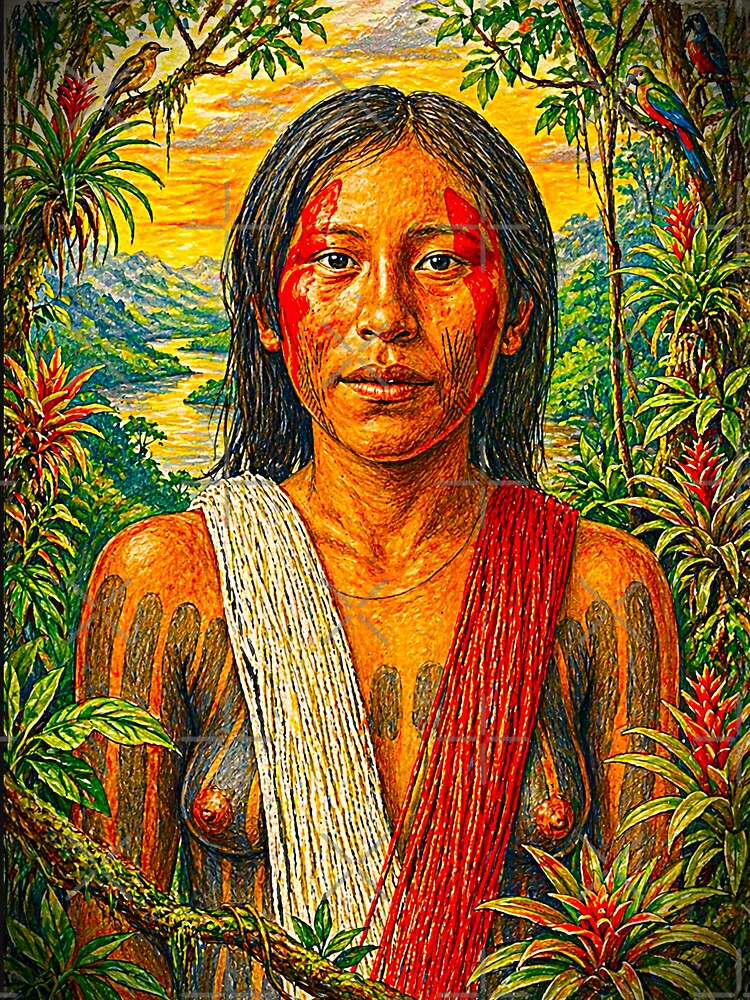 Tribal Portrait of a Kayapó Woman – Vibrant Color Amazonian Indigenous Art by KAYAPO