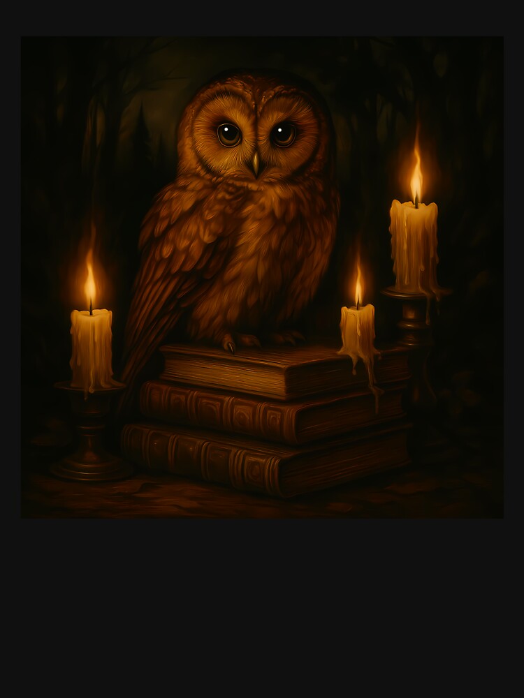 Owl, antique books and magic candles - dark academia gothic animals lovers nocturnal aesthetic by Fantasy Cache