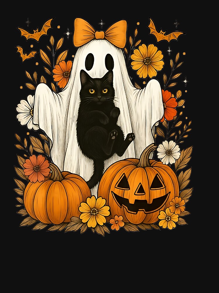 Vintage Halloween Ghost Holding Black Cat Groovy Floral by cawtoon