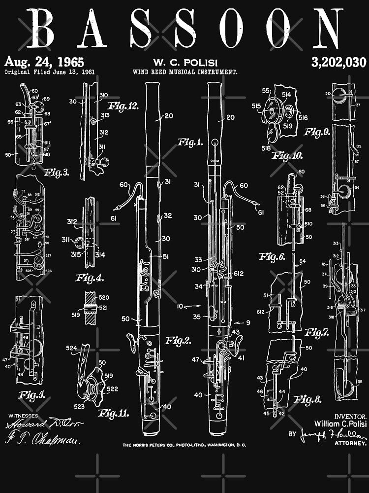 Bassoon Player Vintage Patent Bassoonist Drawing Print by GrandeDuc