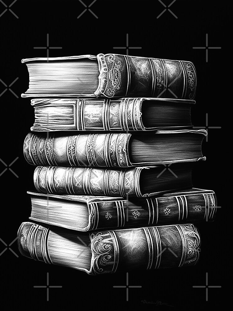 Stack of Vintage Books Dark Academia Black and White Art by inkoutninja