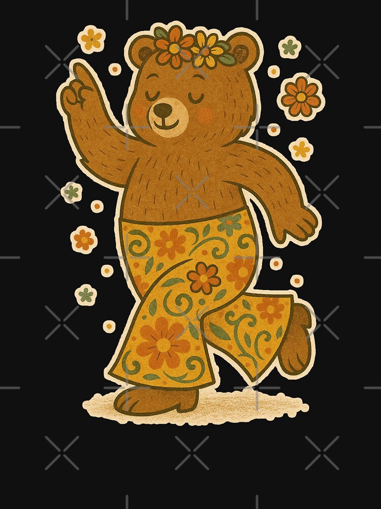 Groovy Bear Dancing Flower Power Retro Illustration by LuminShadowArt