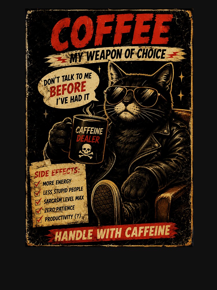 Funny Coffee Cat Vintage Poster Style Caffeine Humor by Modaozushi216