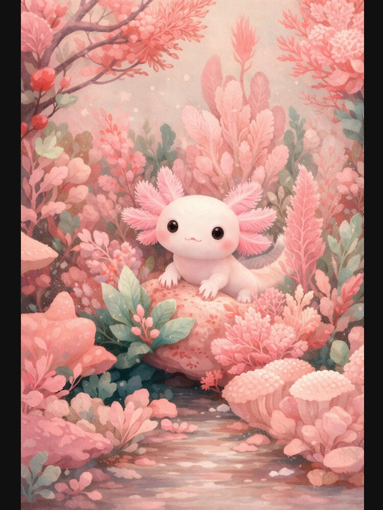 Cute Pink Axolotl in Magic Pastel Garden by HarlemDigitals
