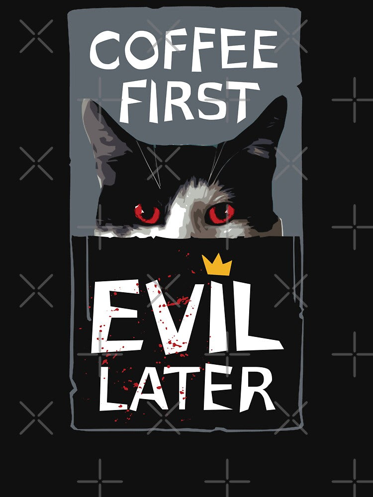 Coffee First, Evil Later Cat in Grey by iscaStudioArt