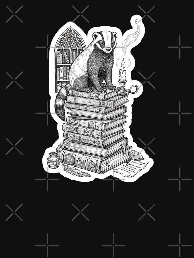 The Scholar Honey Badger: Dark Academia Aesthetic Black & White Ink Sketch of a Ratel Sitting on a Stack of Vintage Books with Candlelight by bvdesignart