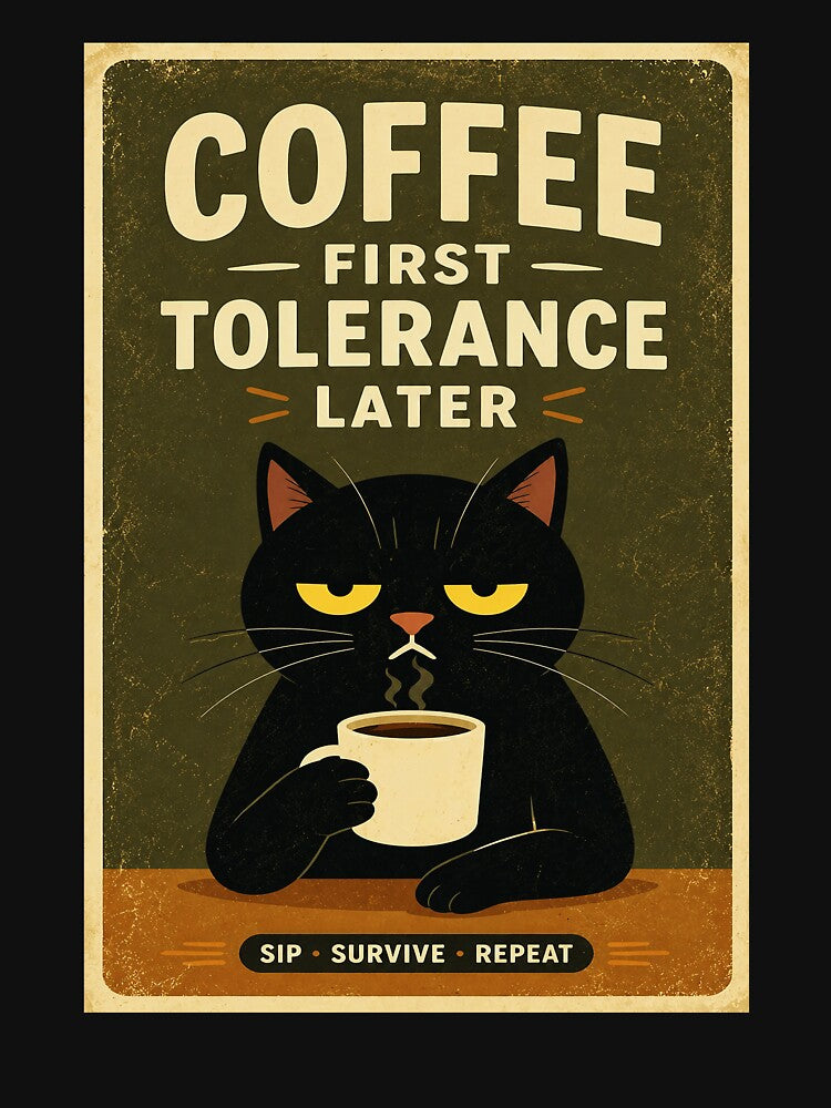 Grumpy Black Cat Coffee Humor Vintage Morning Mood by eliramaison