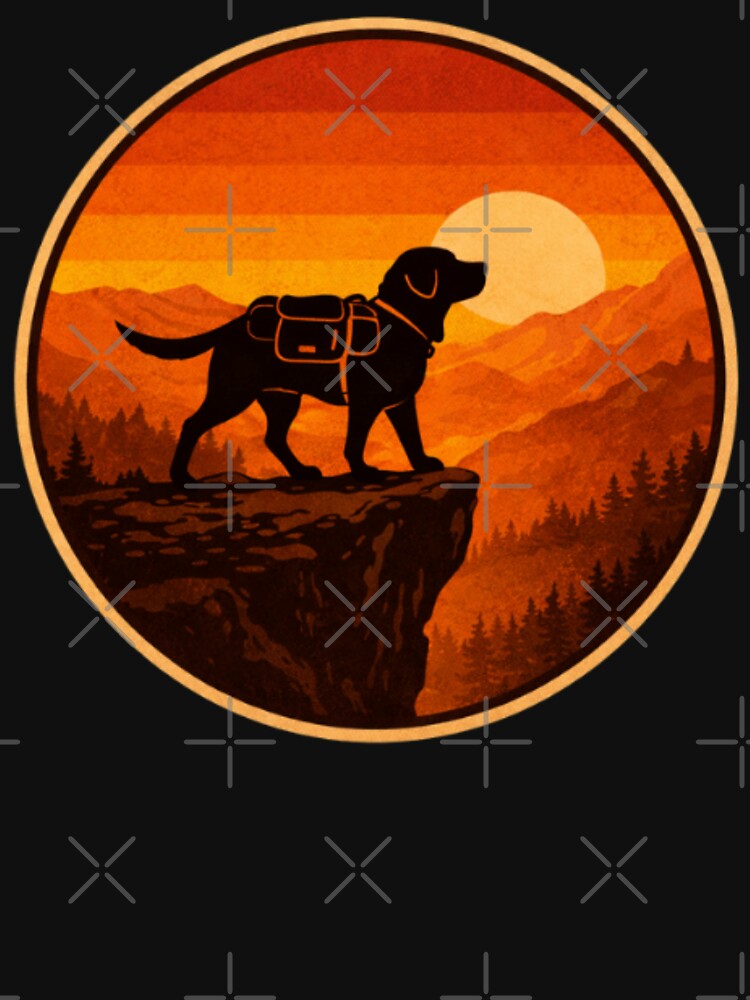 Hiking Labrador on Cliff – Vintage Sunset Adventure Emblem by PawPrintCustom