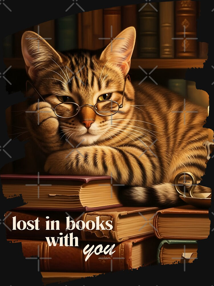 Cozy Book Lover Cat with Glasses – “Lost in Books with You” Aesthetic Illustration by InfinitePawBond