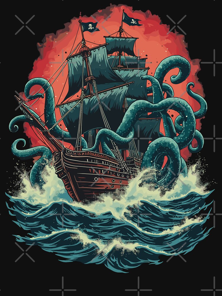 Pirate Ship Kraken Ocean Battle Giant Sea Monster by MintedFresh