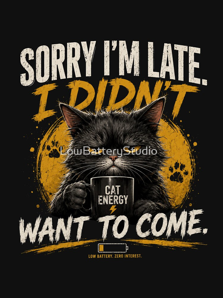 SORRY I'M LATE I DIDN'T WANT TO COME FUNNY BLACK CAT by LowBatteryStudio ⭐