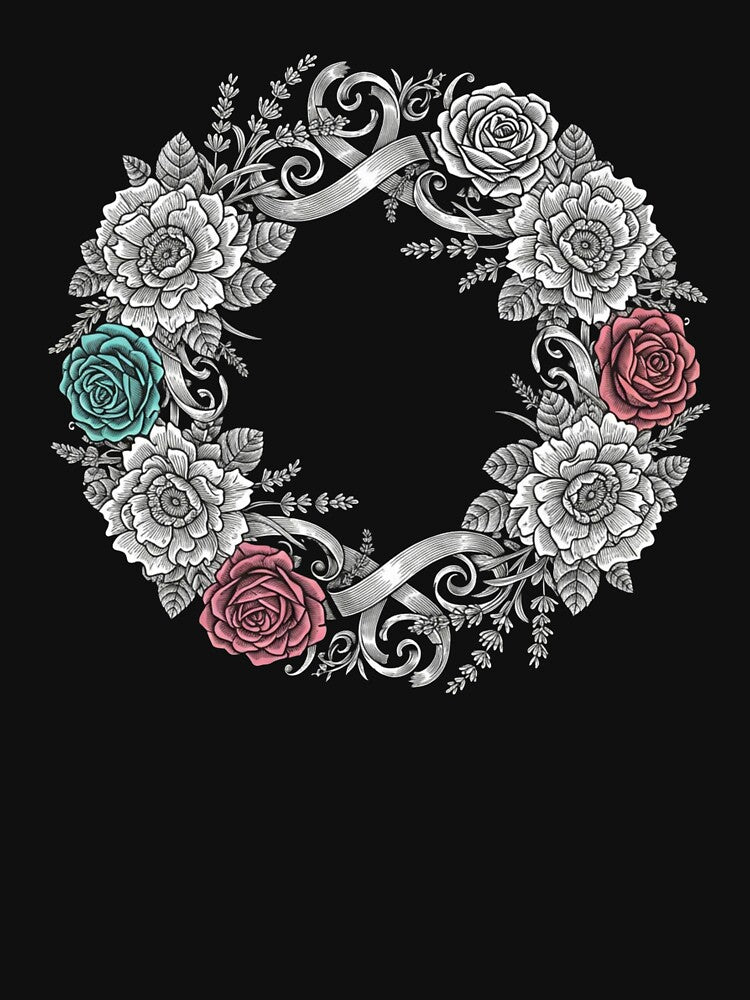 Vintage Botanical Rose Wreath Linocut Illustration by Dzblack
