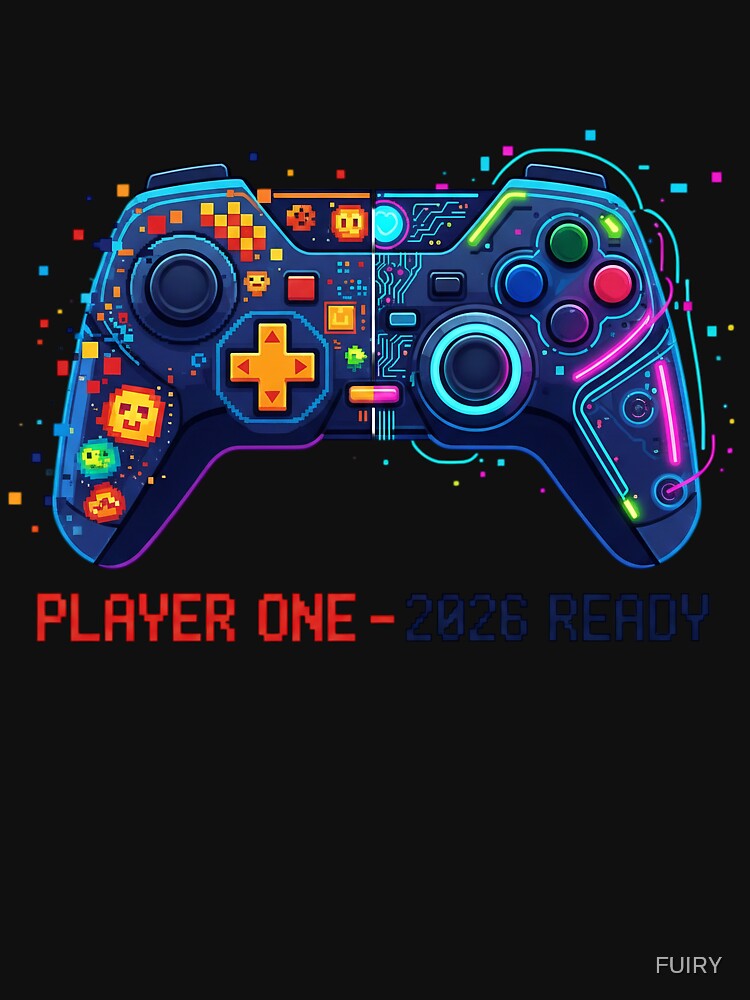Player One 2026 Ready Gamer Design – Retro 8-Bit Pixel Art Gaming Controller, Neon Cyberpunk Gamer Gift for New Year 2026 by FUIRY