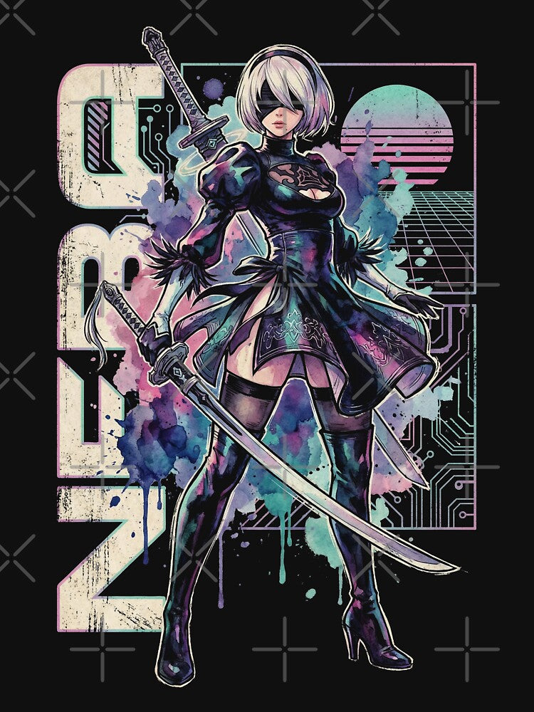 2B YoRHa NieR Vaporwave Retro 80s Pink Teal Portrait by Senpaiwaves