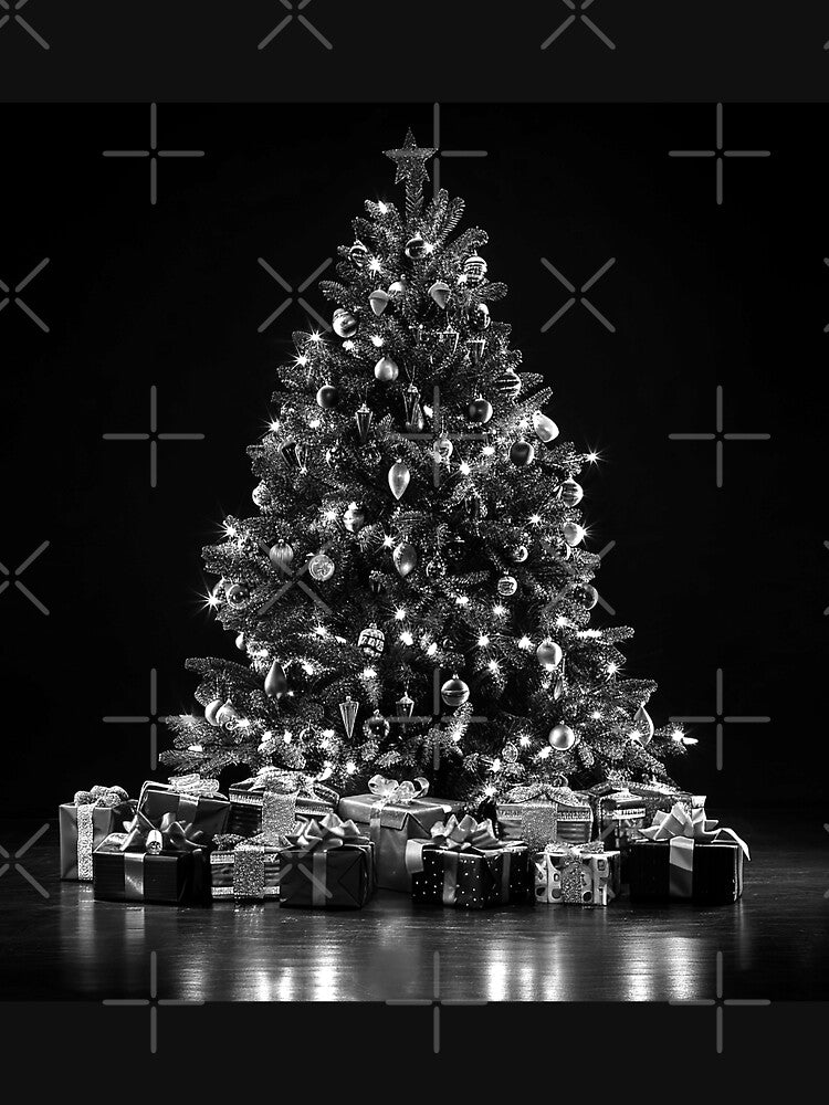 Black and White Christmas Tree with Gifts Elegant Holiday Photography by inkoutninja