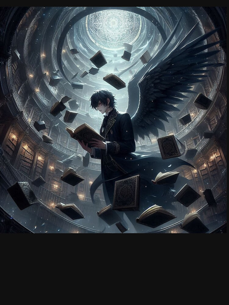 Guardian of the Forbidden Archive: Dark Angel Scholar in an Infinite Magical Library by MouradStudio