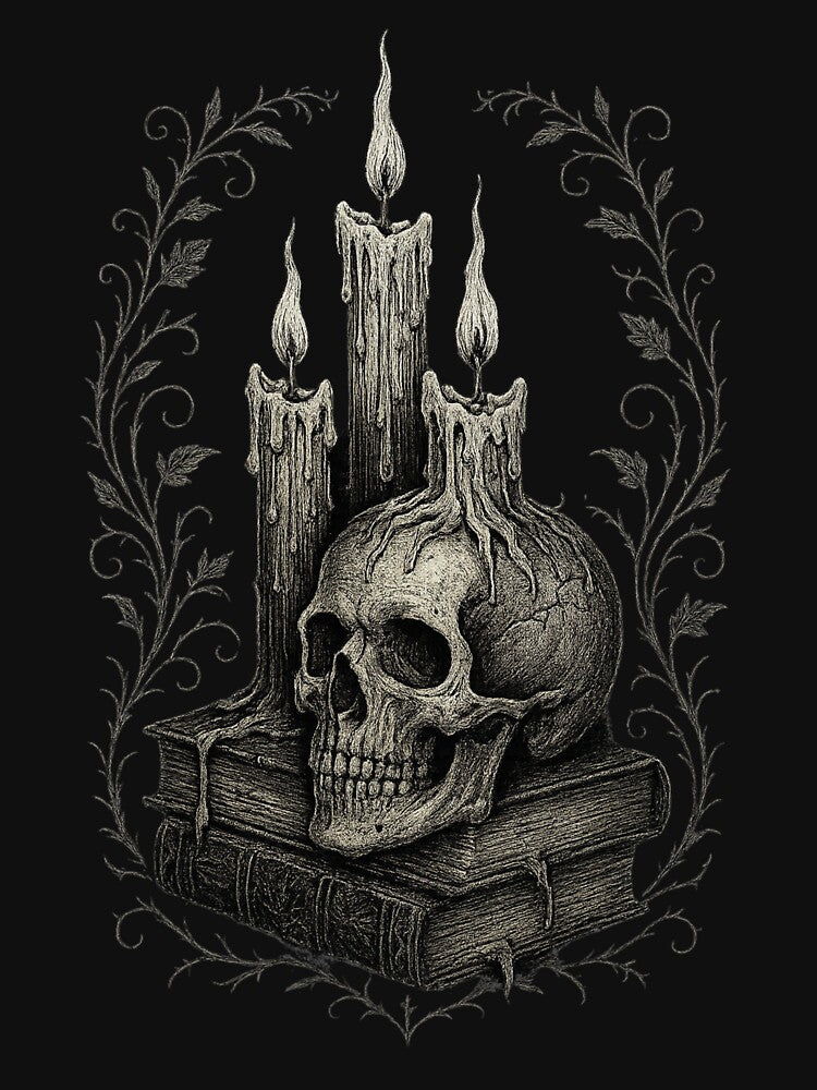 Skull & Candle Stack – Dark Academia Gothic Art – Occult Books Aesthetic by Mouraludia