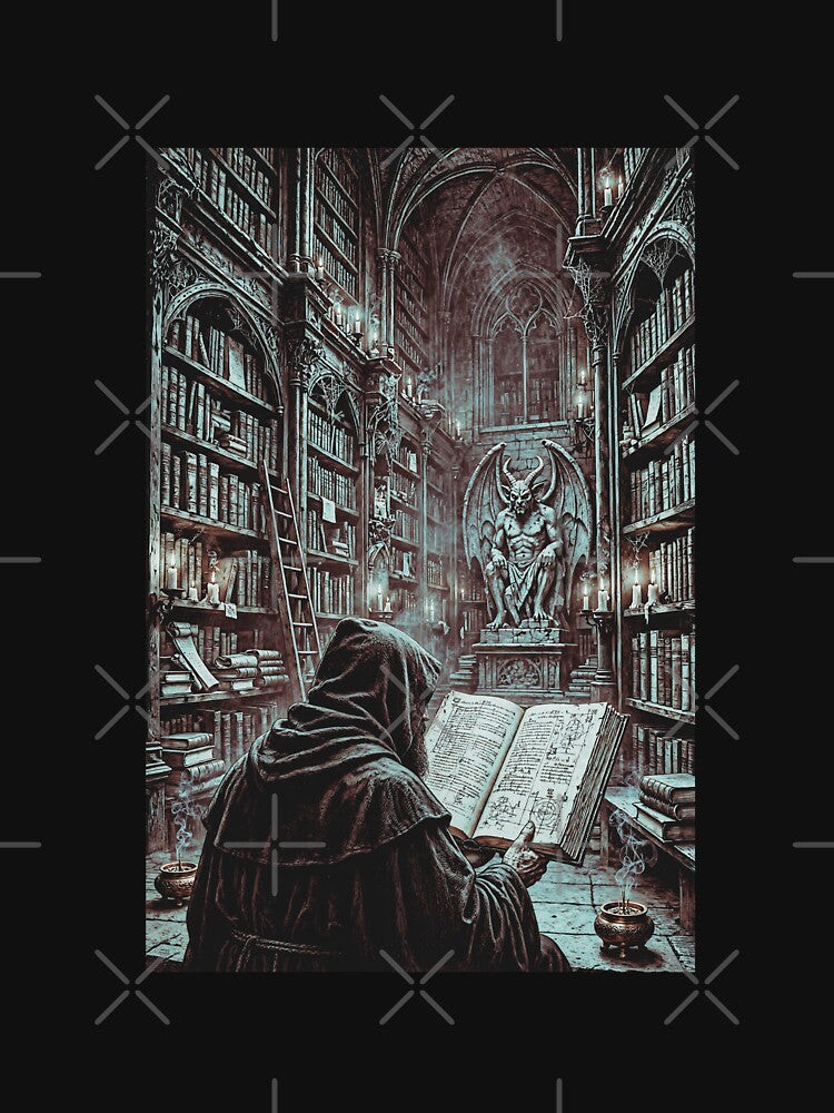 Dark Cathedral - Librarian In The Shadow Of Baphomet Dark Occult Horror Woodcut by Neurospicy Trolls