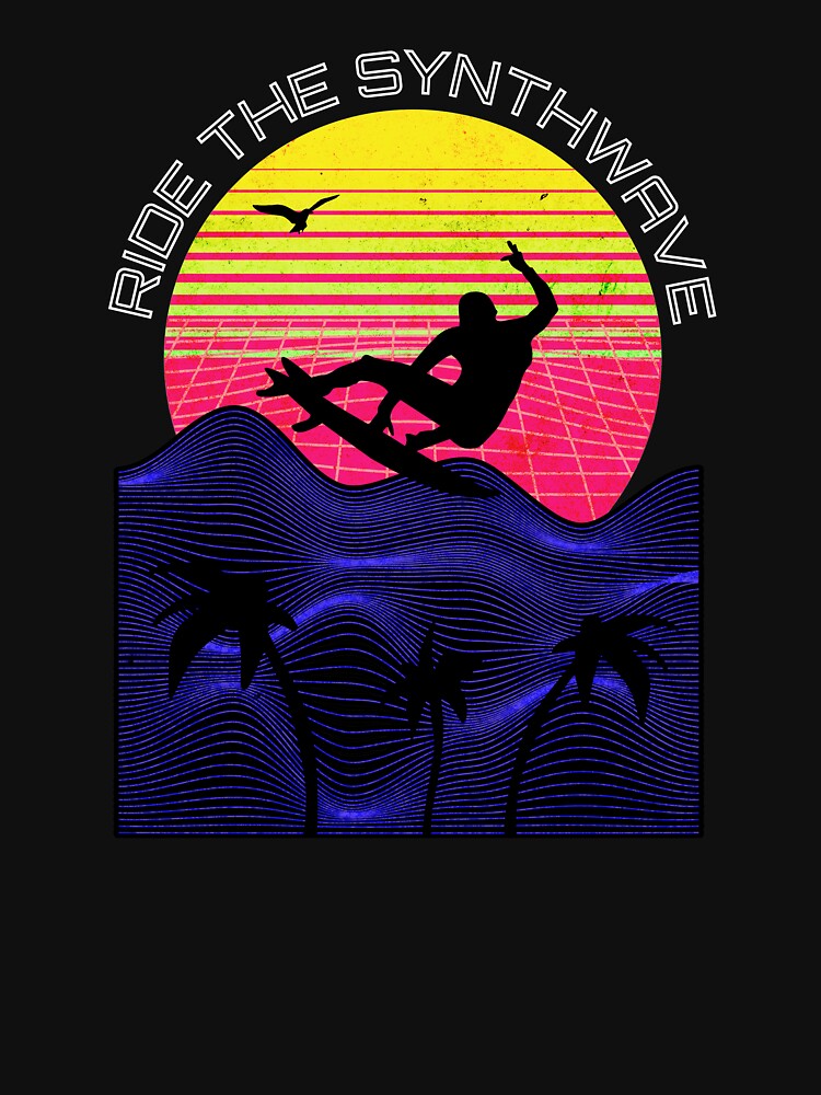 Ride the Synthwave 80s Vaporwave Retro Sunset Surfer at Beach by Wild-Neptune
