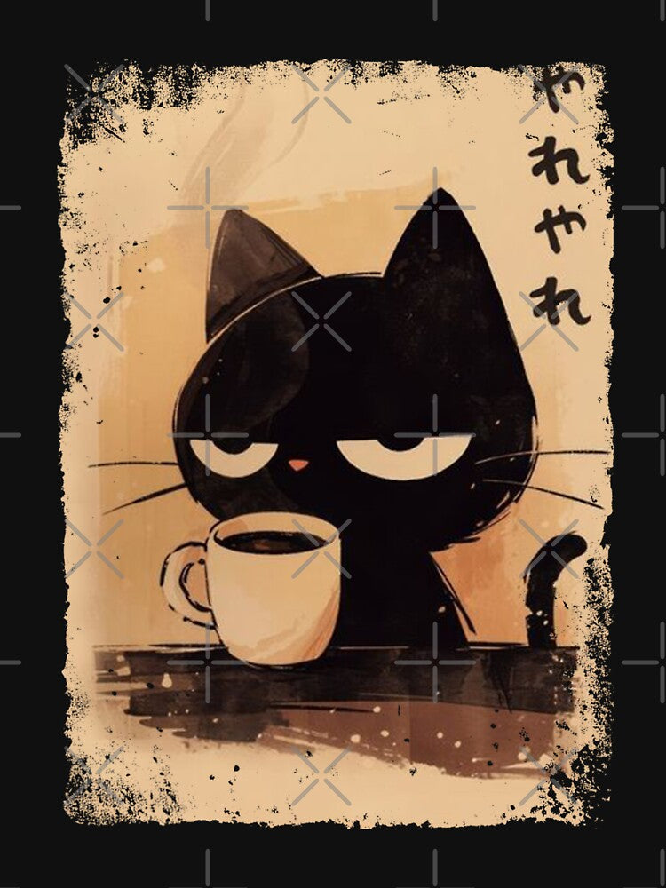 Grumpy Coffee Cat Hilarious "Yare Yare" Black Cat Design by Damcoc
