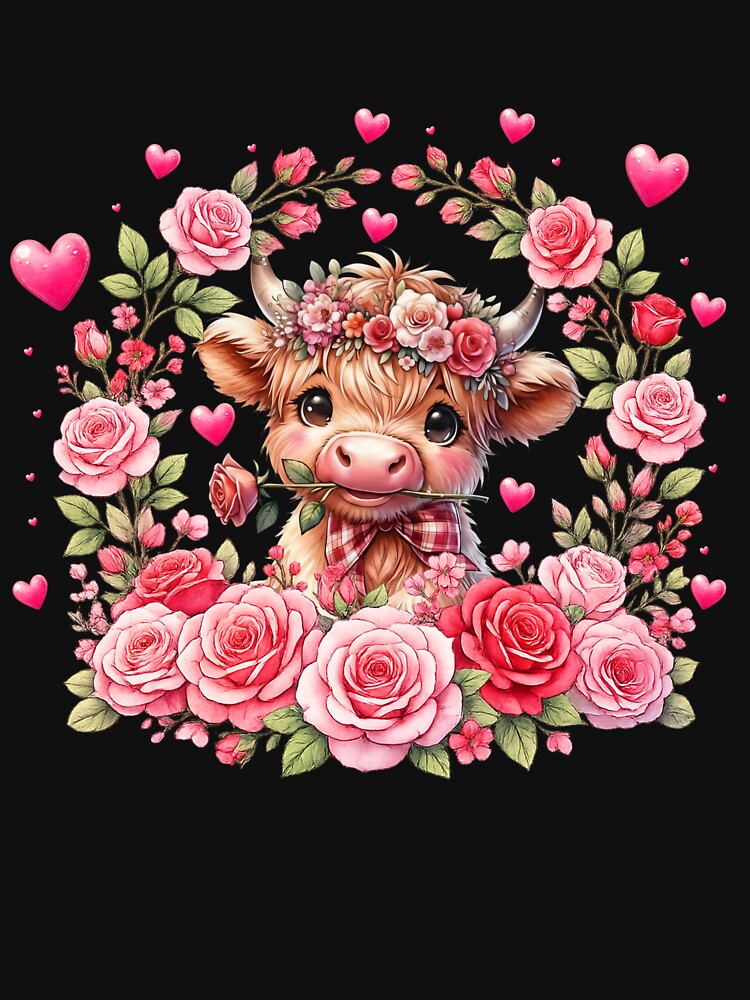 Floral Valentine Highland Cow with Roses by LashondaGreen89