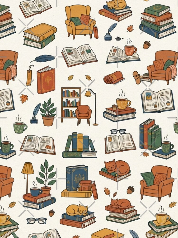 Cozy Library Books And Cats Pattern by bvdesignart
