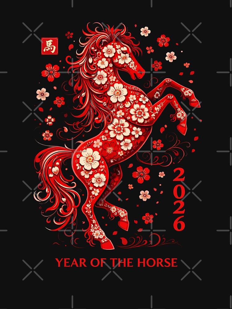 2026 Year of the Horse, Chinese Zodiac Lunar New Year Shirt Gift, Floral Red Horse Asian Art Graphic Tee by saloui