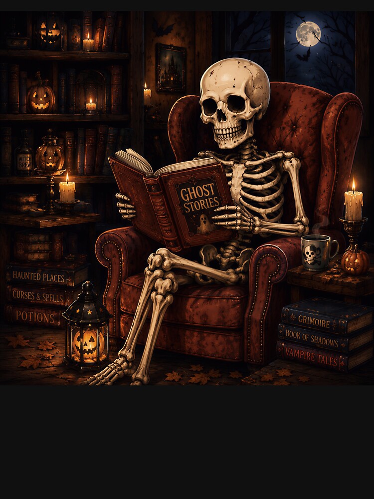 Skeleton Reading Book Ghost Stories Halloween by Soluna Studio