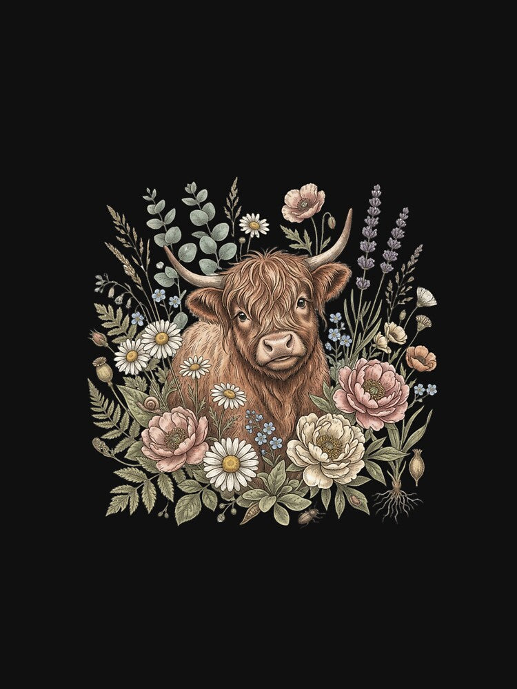 Vintage Highland Cow with Wildflowers | Cottagecore Floral Animal Illustration by abdelski