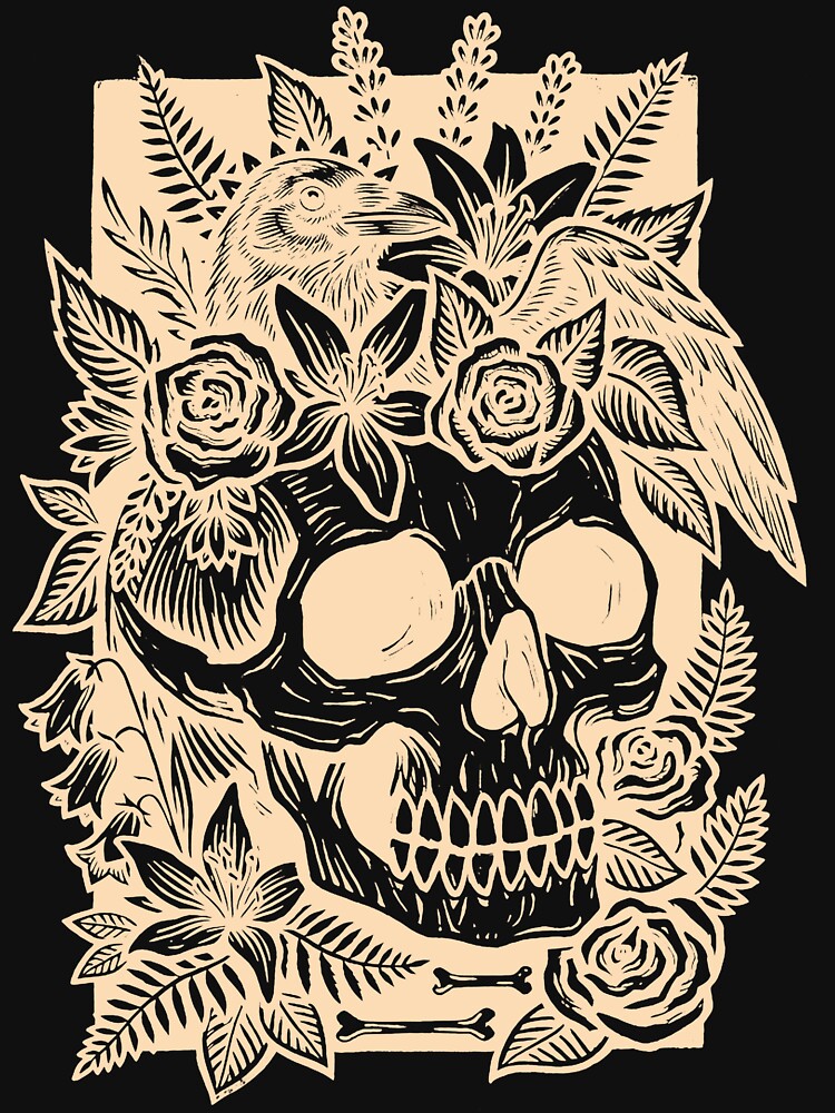 Gothic Floral Skull and Raven Linocut Art-White by Alan Javier Cordoba Espinosa
