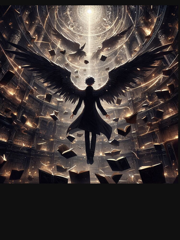 Ascension of the Dark Anime Scholar: Fallen Angel Wings and Floating Books in a Mystical Library by MouradStudio
