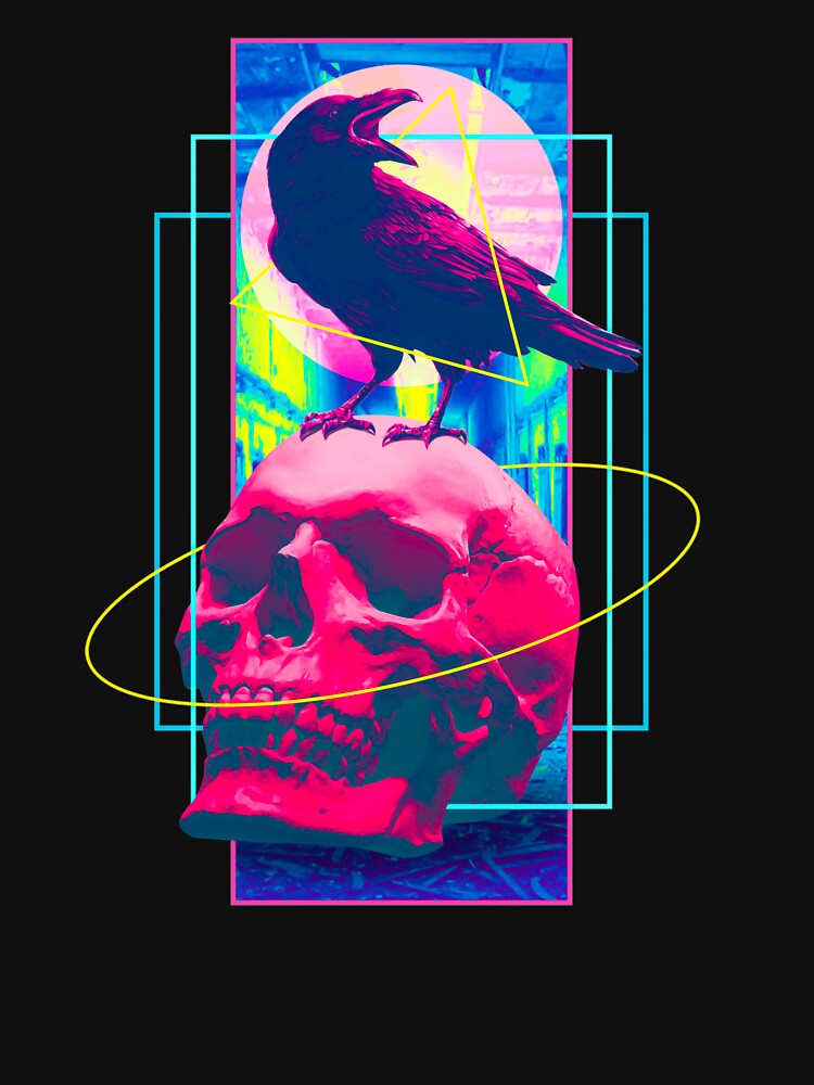 Vaporwave Skull & Crow - Halloween Retro Aesthetic Art by Hitagivapor