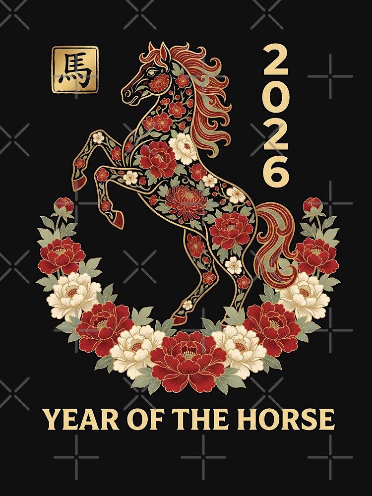 2026 Year of the Horse, Red Floral Chinese Zodiac Lunar New Year Gift, Elegant Horse Asian Art Graphic Tee by saloui