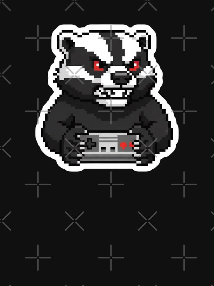 Retro 8 Bit Pixel Art Honey Badger Gamer with Controller Design by bvdesignart