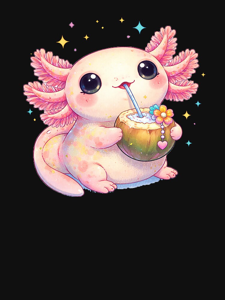Cute Axolotl Drinking Coconut – Kawaii Axolotl Art, Pastel Animal Illustration, Cute Sea Creature Design, Whimsical Cartoon by SJKGRAPHICS